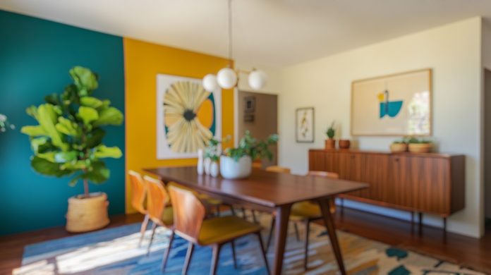 Blurred,Background,Of,A,Vibrant,Mid-century,Modern,Dining,Room,Featuring